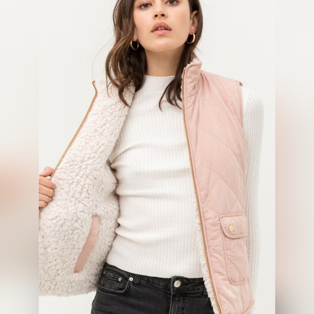 Women's Reversible Pink Quilted Sherpa Vest - black Also Available